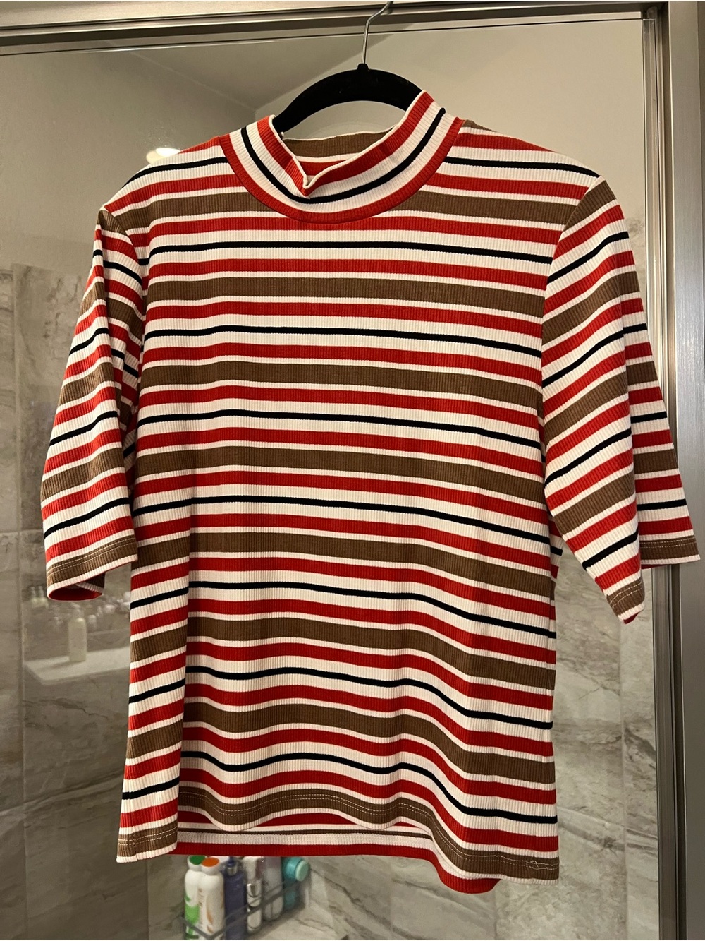 Anthropologie Maeve Red, Black, Brown & Cream Striped Knit Top